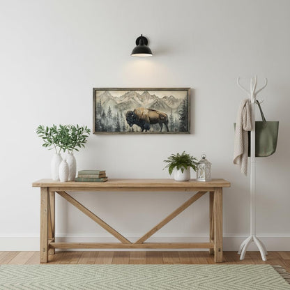 Wildlife Wall Art Framed Decor: Wild Animal Wood Print Decoration Buffalo Bison Picture Rustic Nature Woodland Painting Artwork for Cabin Bathroom Living Room 24 x 12 Inch