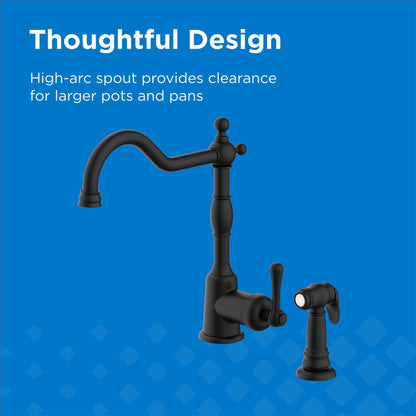 Gerber Opulence Black Kitchen Faucet with Side Spray - Farmhouse Style, Single Handle, Heavy-Duty Brass Construction, 2-Hole Installation in Satin Black, D401157BS