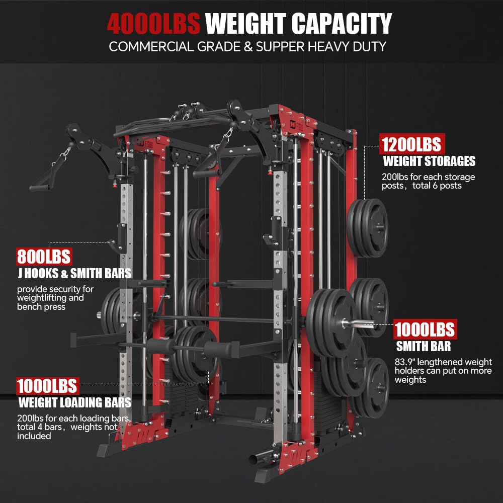 FAGUS H Commercial Smithe Machine with Weight Bench Combo,4000LBS Power Cage Squat Rack with 308lb Dual Weight Stacks,Multi-Functional Trainer Cable Crossover Machine with Lever Arm for Home Gym,Red
