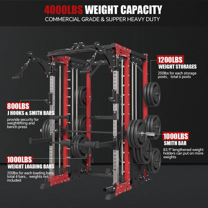 FAGUS H Commercial Smithe Machine with Weight Bench Combo,4000LBS Power Cage Squat Rack with 308lb Dual Weight Stacks,Multi-Functional Trainer Cable Crossover Machine with Lever Arm for Home Gym,Red