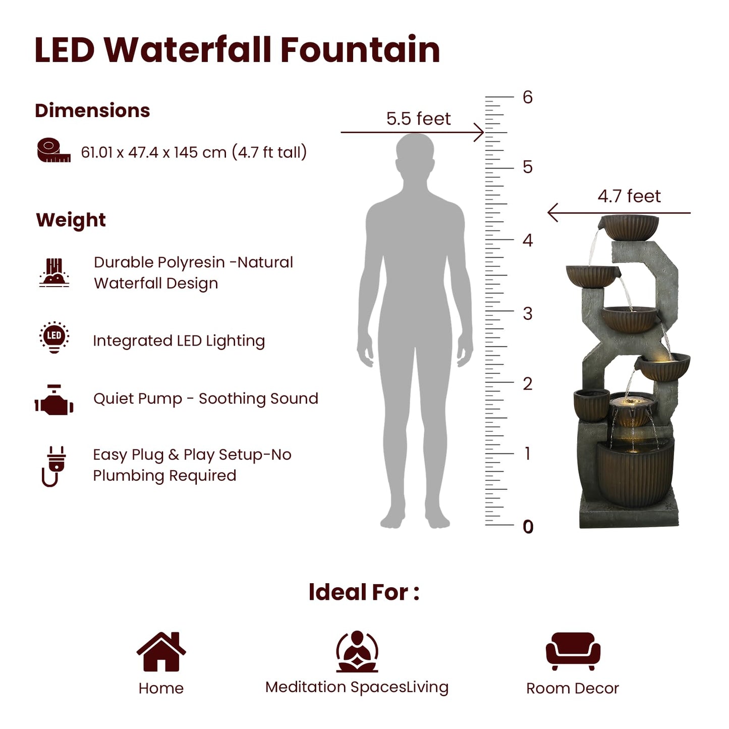 Bumilgar 57" Tall Large Outdoor Water Fountain with LED Lights, 6-Tier Cascading Bowl Waterfall Fountain, Modern Geometric Resin Garden Water Feature for Patio Yard Deck Porch Backyard Decor
