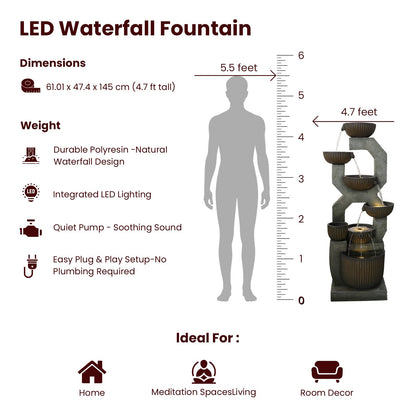 Bumilgar 57" Tall Large Outdoor Water Fountain with LED Lights, 6-Tier Cascading Bowl Waterfall Fountain, Modern Geometric Resin Garden Water Feature for Patio Yard Deck Porch Backyard Decor