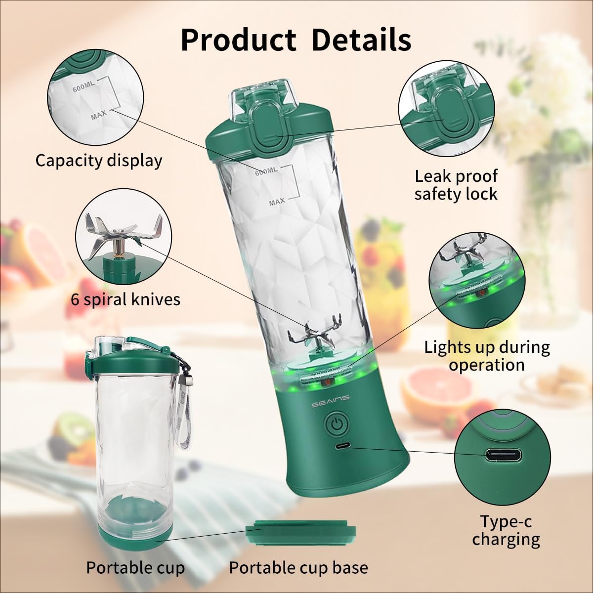 Portable Blender for Shakes and Smoothies - 20 Oz Travel Cup and Lid, Mini Personal Size Blender with 6 Blades