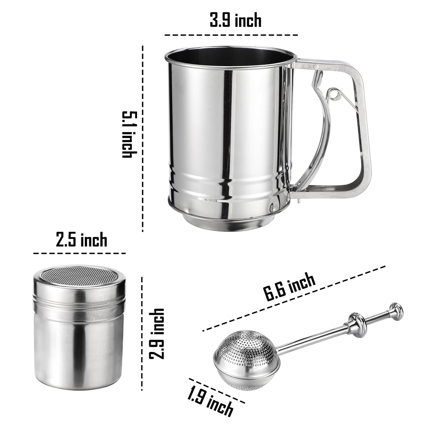 3 in 1 Stainless Steel Sifter 3 Cup Flour Sifter for baking with Powdered Sugar Duster Set, flour sprinkler Duster for Baking Pastries Pies Cupcakes and Desserts