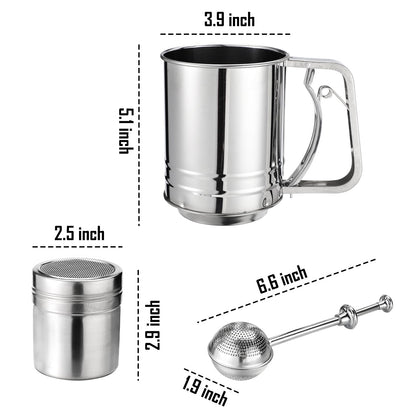 3 in 1 Stainless Steel Sifter 3 Cup Flour Sifter for baking with Powdered Sugar Duster Set, flour sprinkler Duster for Baking Pastries Pies Cupcakes and Desserts