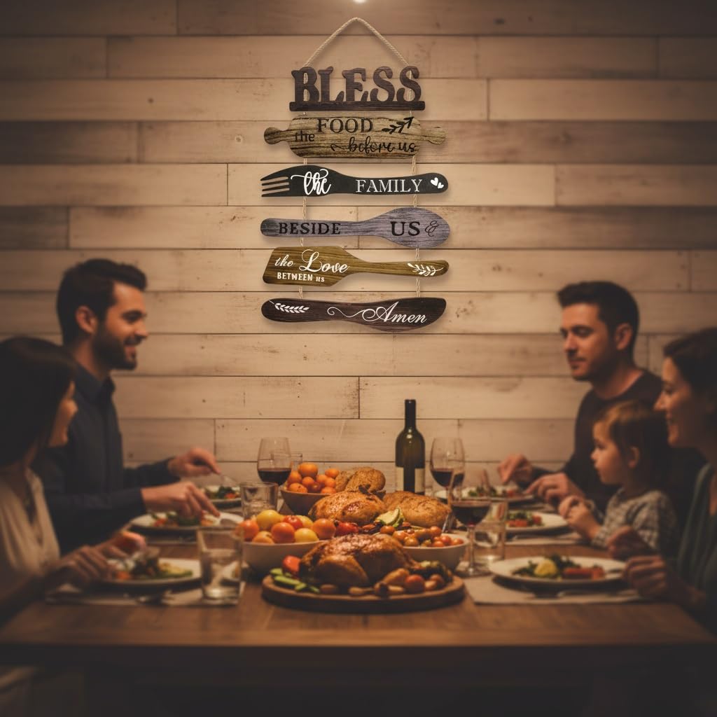 Benlarky Kitchen Wall Decor Set, Bless the Food Before Us Quotes Farmhouse Wooden Roped Hanging Signs, Rustic 6pcs Wall Art for Dining Room, Large Wood Plaque Decor for Home Kitchen Housewarming Gifts