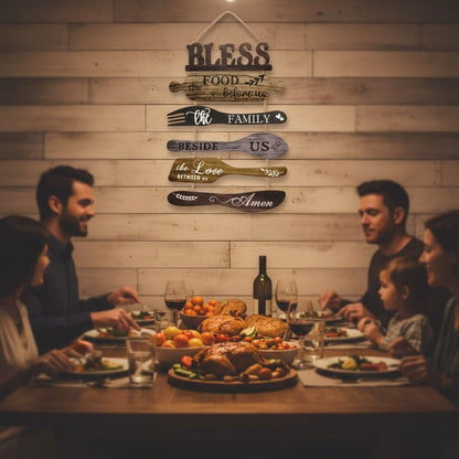 Benlarky Kitchen Wall Decor Set, Bless the Food Before Us Quotes Farmhouse Wooden Roped Hanging Signs, Rustic 6pcs Wall Art for Dining Room, Large Wood Plaque Decor for Home Kitchen Housewarming Gifts