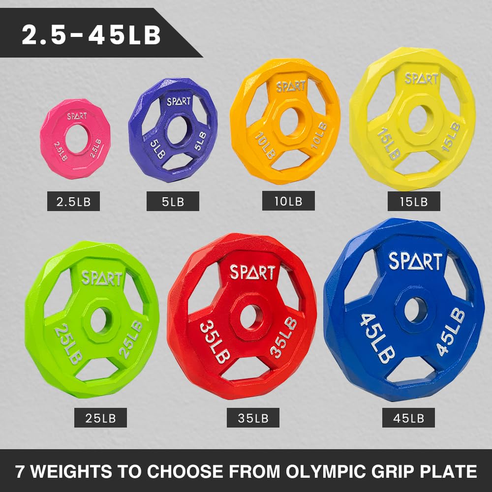 SPART Color Coded Weight Plate 155LB Combo Set, 2-Inch Cast Iron Metal Weight Plates for Barbell,Solid Cast Iron Olympic Weight Plates for Strength Training, Weightlifting, Crossfit
