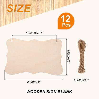 MECCANIXITY Unfinished Hanging Wood Sign Blank with Ropes 9"x6" Unfinished Wood Crafts Boards Wooden Plaques for Crafts DIY Painting Burning Carving Door Wall Decoration, Style 8, Pack of 12