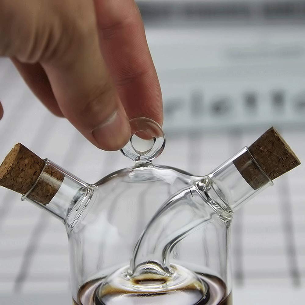 WINAKUI Olive Oil and Vinegar Dispenser Cruet Bottles, 2 in 1 Transparent Dual Glass for Kitchen Cooking Container