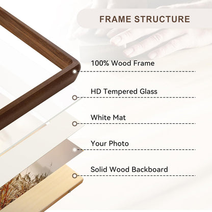 5x7 4x6 Picture Frame Wood Natural Solid Walnut Photo Frames with Mat, Handcrafted Wooden Frame for Tabletop or Wall