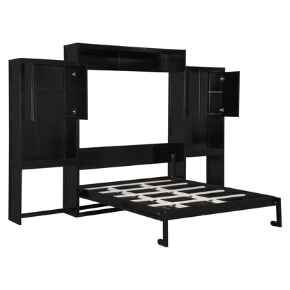 Ball & Cast Murphy Bed Queen Size,Wood Storage Hide Cabinet Wall Beds with Desk and Vanity,Space-Saving Bedroom Furniture w/Cabinets & Mirror,can be Folded for Home Office,Study,Guest Room,Espresso