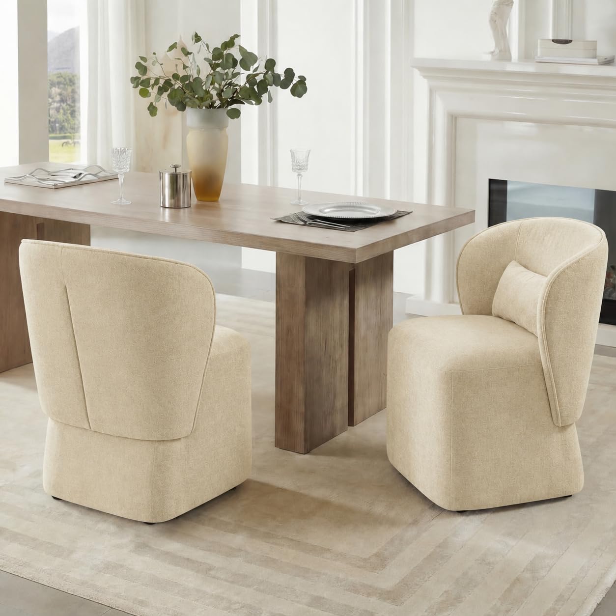 KISLOT Upholstered Dining Chairs with Wheels, Easy Assembly Stain Resistant Fabric Modern Barrel Armchair with Lumbar Cushion, Dining Room Chairs for Kitchen Living Room Bedroom, Sand, Set of 4