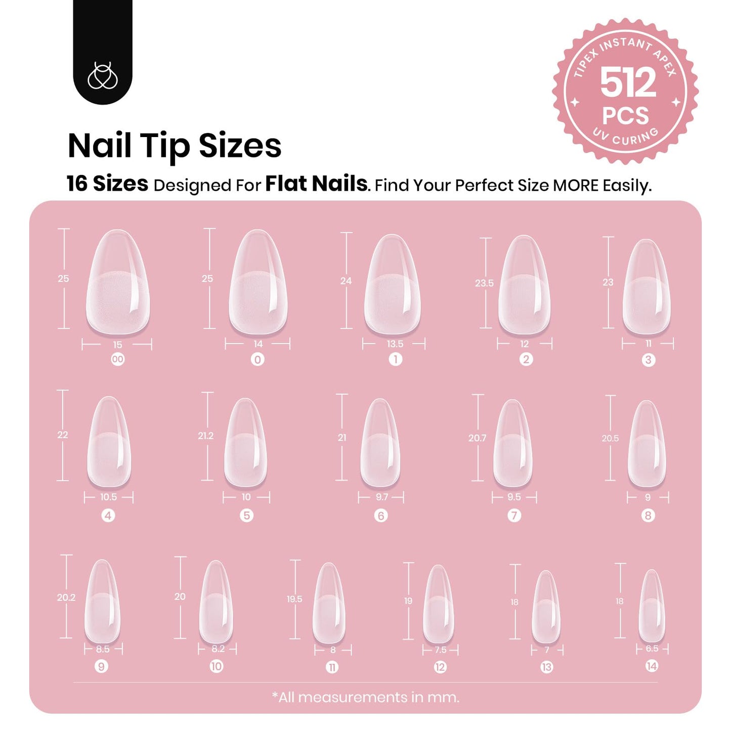 Beetles Tipex Gel Nail Kit, Medium Almond Nail Tips 224 Pcs 16 Sizes Pre-Building Pre-Etched Thick Acrylic Tips with Tipex Glue, Mini Lamp