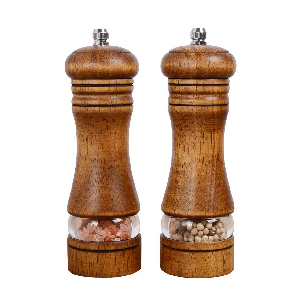 Haomacro Wood Salt and Pepper Grinder Mills Set, Classic Manual Pepper Grinder Salt Grinder Refillable Pepper Mill Sets with Acrylic Visible Window Adjustable Ceramic Grinding Rotor 6.5inch 2 Pack