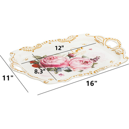 DEAYOU 3-Pack Melamine Serving Tray, Stackable Food Tray with Handles for Eating, Unbreakable Large Serving Platter with Floral Print for Gift, Party, Decor, Home, Restaurant, 16"L x 11"W, Rectangle