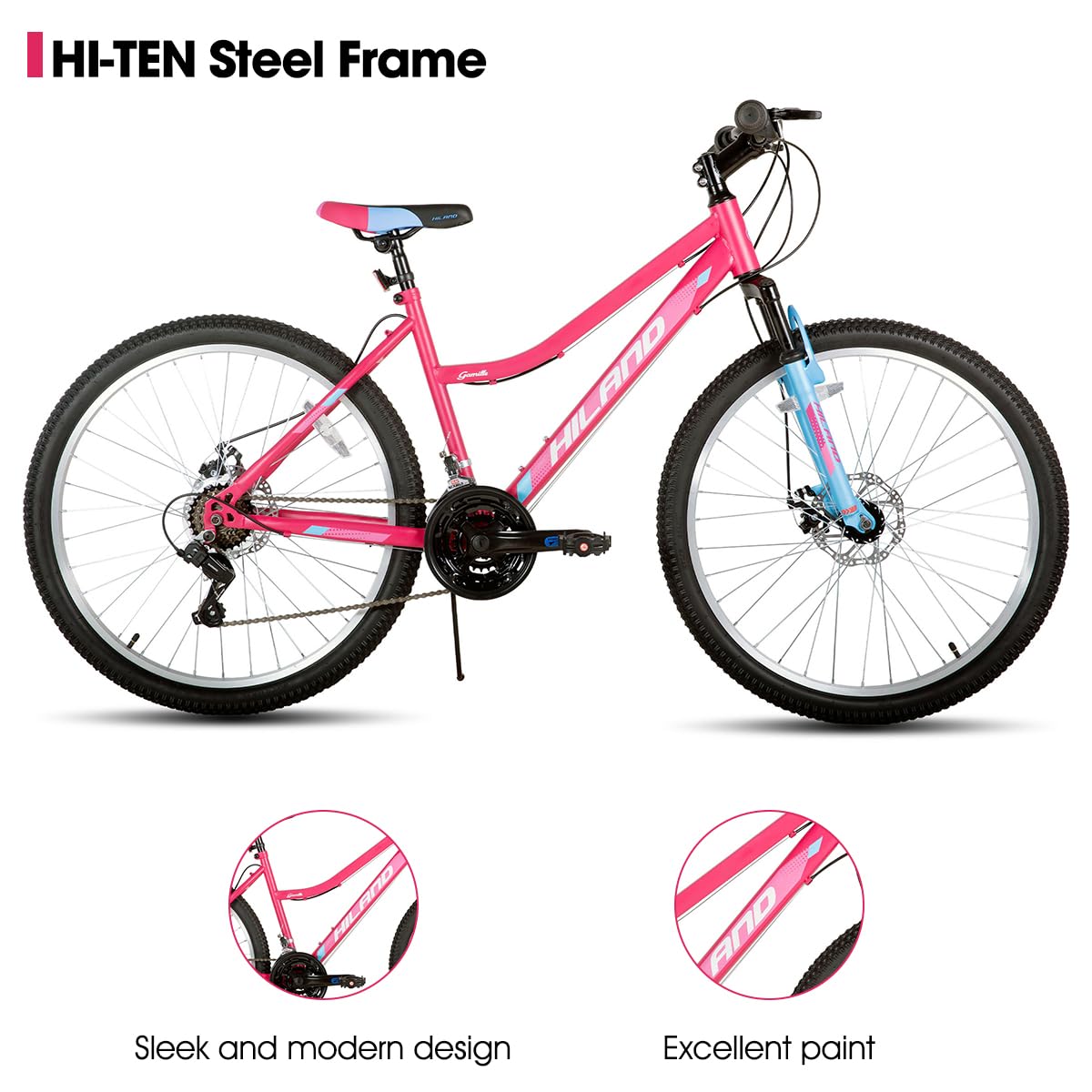 HH HILAND 26 Inch Womens Mountain Bike, with Step-Through Frame, 18 Speeds, Suspension Fork MTB, Bicycle for Women Men Adult Pink