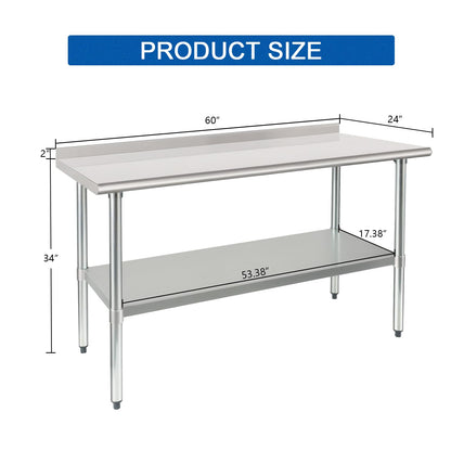 HARDURA Stainless Steel Table Prep & Work Table 24 x 60 Inches NSF Heavy Duty Commercial with Undershelf and Backsplash for Restaurant Kitchen Home and Hotel