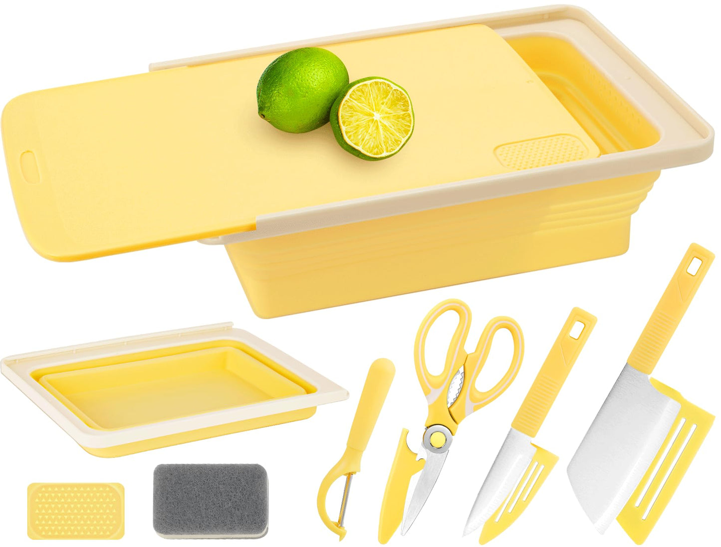 Camping Cutting Board Set - 7-in-1 Portable Foldable Chopping Board with Knife, Vegetable Washing Basket, Kitchen Essentials for Camping, RV, Picnic, Travel & Outdoor Cooking