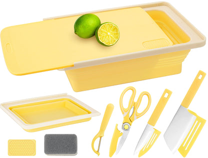 Camping Cutting Board Set - 7-in-1 Portable Foldable Chopping Board with Knife, Vegetable Washing Basket, Kitchen Essentials for Camping, RV, Picnic, Travel & Outdoor Cooking
