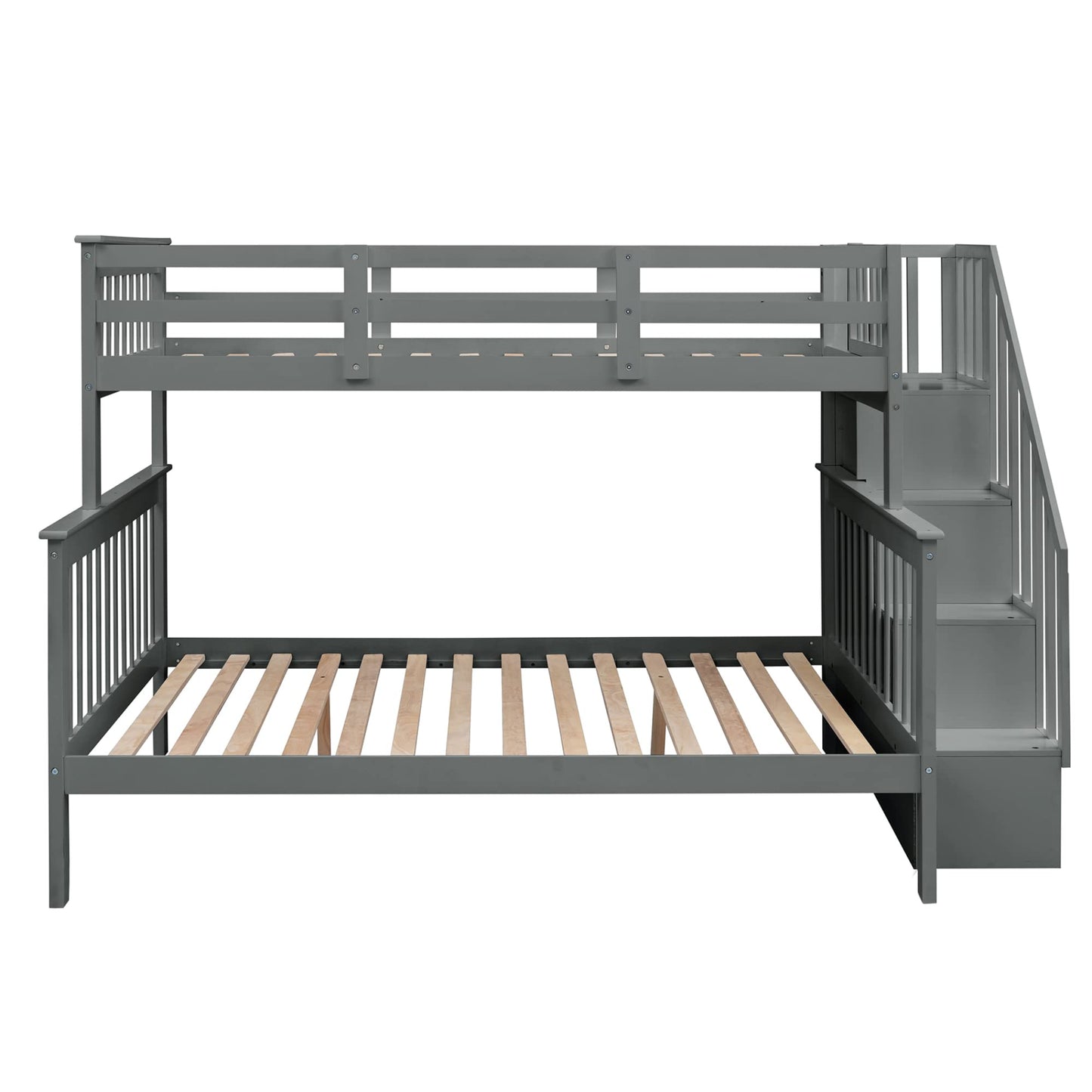 Stairway Bunk Beds Twin Over Full with 4-Step Stairs and Under-Step Storage Shelves, Gray