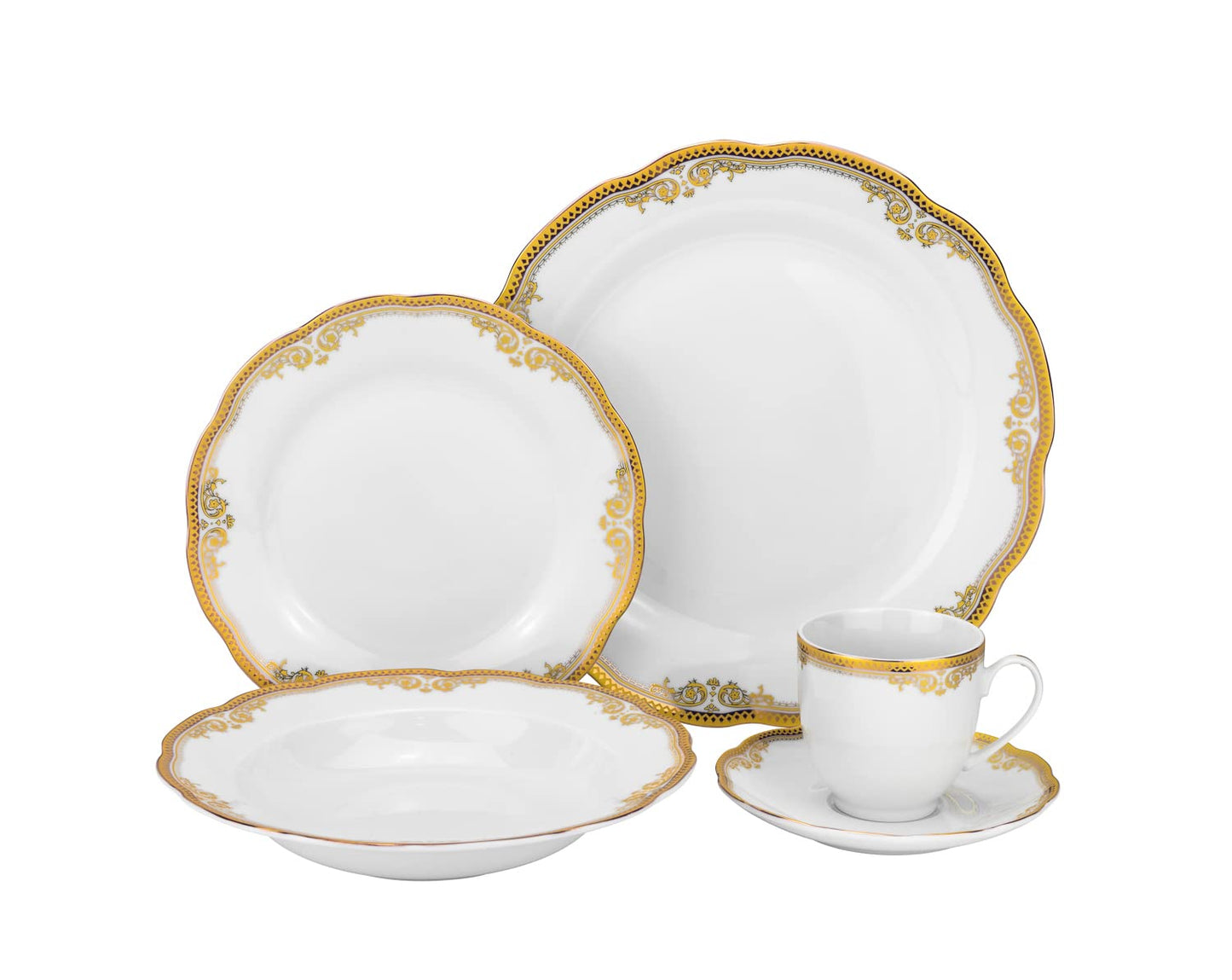 Euro Porcelain 57 piece Banquet Dinnerware Set with Scalloped Edges - Luxury Tableware Dining Service for 8