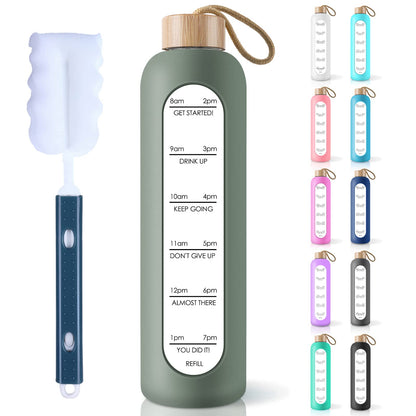 PROBTTL 32 Oz Borosilicate Glass Water Bottle with Time Marker Reminder Quotes, 1 Liter Leak Proof Reusable BPA Free Motivational Water Bottles with Silicone Sleeve and Bamboo Lid (Olive)