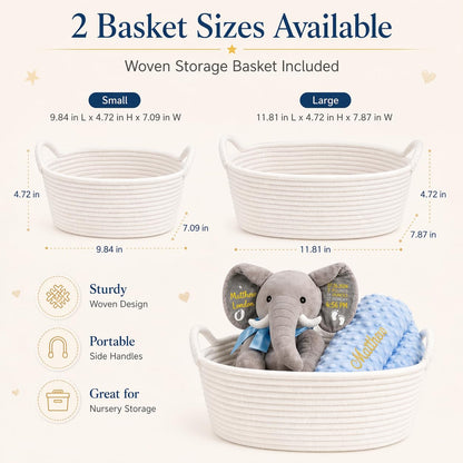 Dyoart Personalized Woven Basket with Gift Bags & Ribbons, Decorative Basket with Elephant Stuffed Animal and Blanket Set, Handle Storage Basket for Nursery Toy Pet, Birthday Baby Shower Gifts Set