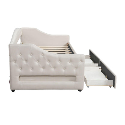 Ball & Cast Twin XL Size Daybed with Storage Drawers and LED Light, Linen Upholstered Day Bed Frame with Solid Wood Slats for Guest Room,Apartment,No Spring Box Needed, Easy Assembly,Beige