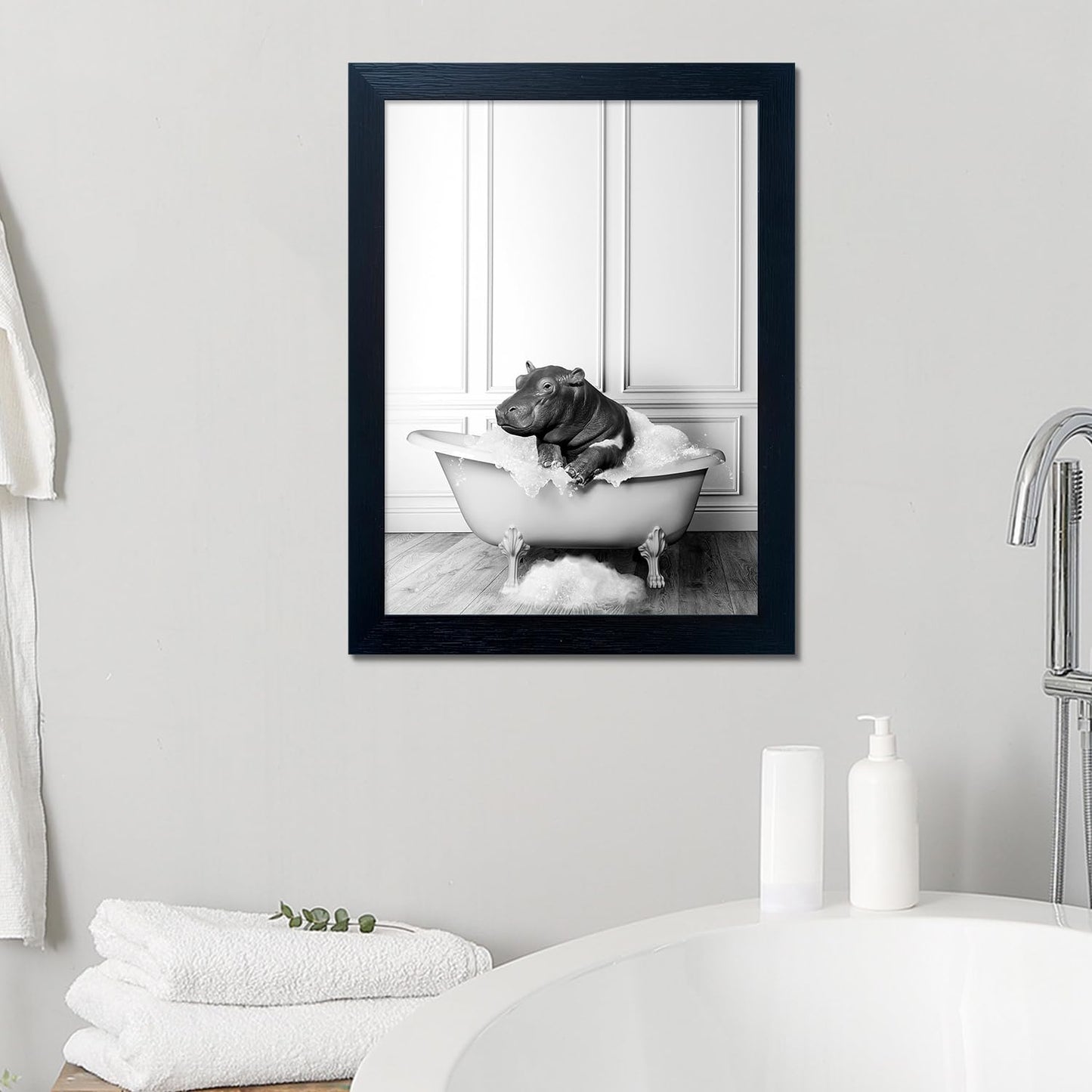 Bathroom Picture Wall Decor, Framed Black and White Bathroom Wall Art, Toilet Paper in Little Funny Raccoon's Hand Animal Canvas Print Painting