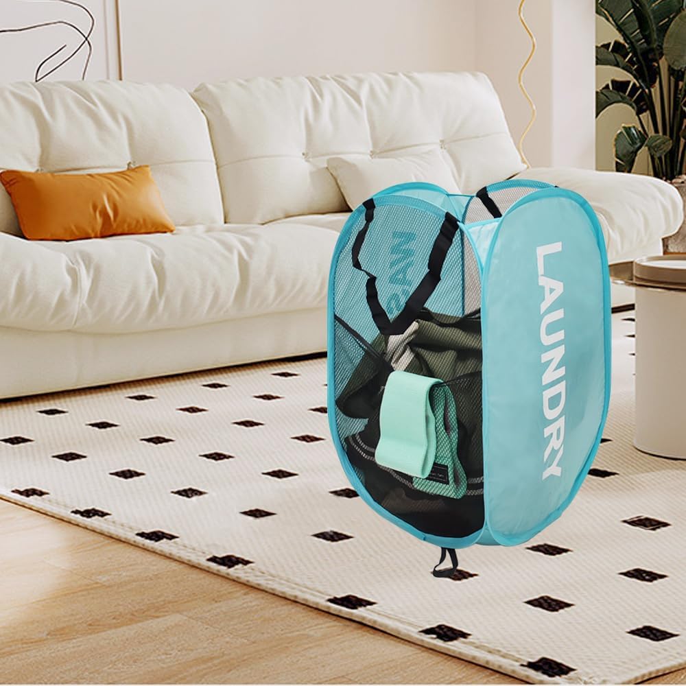 2Pack Collapsible Laundry Baskets, Pop Up Laundry Hamper Mesh Storage Bins for Kids Laundry, Blue