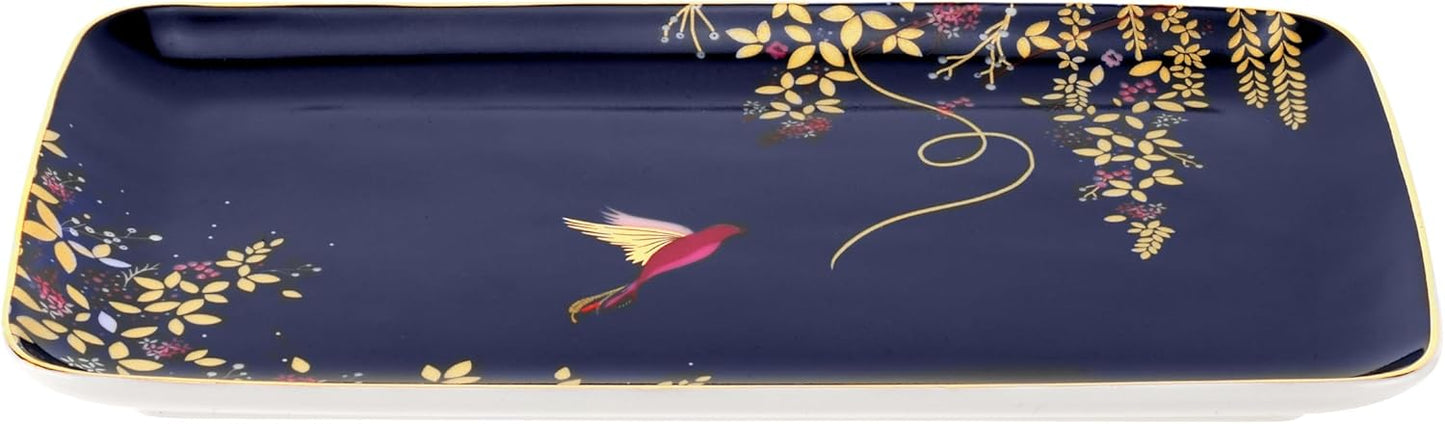 Portmeirion Sara Miller Chelsea Trinket Tray - 7.4 Inch Fine China with Hummingbird Design in Dark Blue