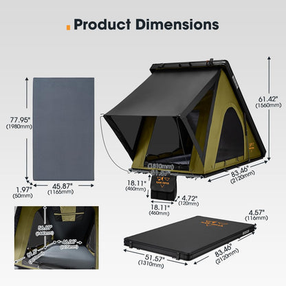Sanhima Rooftop Tent Hard Shell - Hotham Lite Overland Aluminium Roof Top Tent 4.56" Slimline, w/Tri-Color LED Strip Light & 1.97” Thick Mattress, for Car SUV Truck Camping, 2-3 People (Army Green)