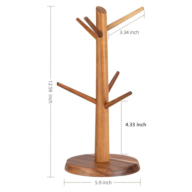E-ROOM TREND Coffee Mug Holder Countertop Natural Acacia Wood Mug Tree, Wooden Mug Organizer with 6 Hooks for Kitchen Coffee Bar, Easy to Assemble, Ideal for Small to Medium Mugs