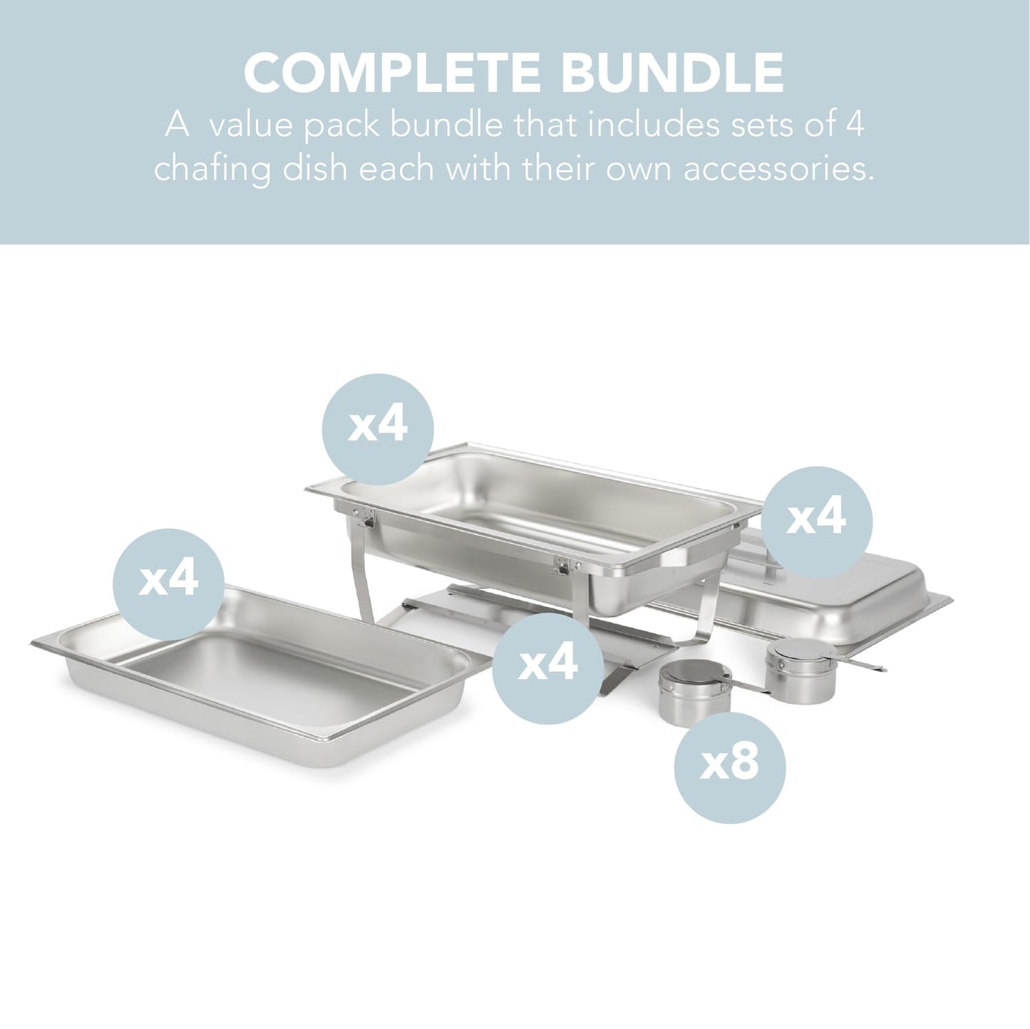 Alpha Living 4 Pack Chafing Dish Full Set – Stainless Steel Catering Chafer with Lids, Pans & Fuel Holders – Buffet Food Warmers for Parties, Events & Weddings – Alpine Gray Handles