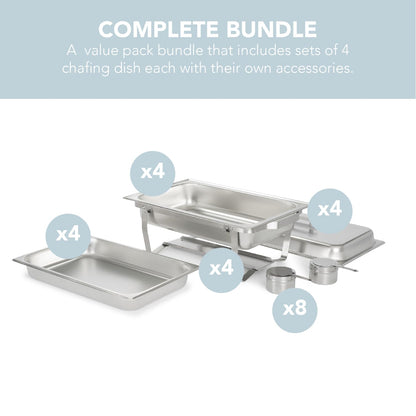 Alpha Living 4 Pack Chafing Dish Full Set – Stainless Steel Catering Chafer with Lids, Pans & Fuel Holders – Buffet Food Warmers for Parties, Events & Weddings – Alpine Gray Handles