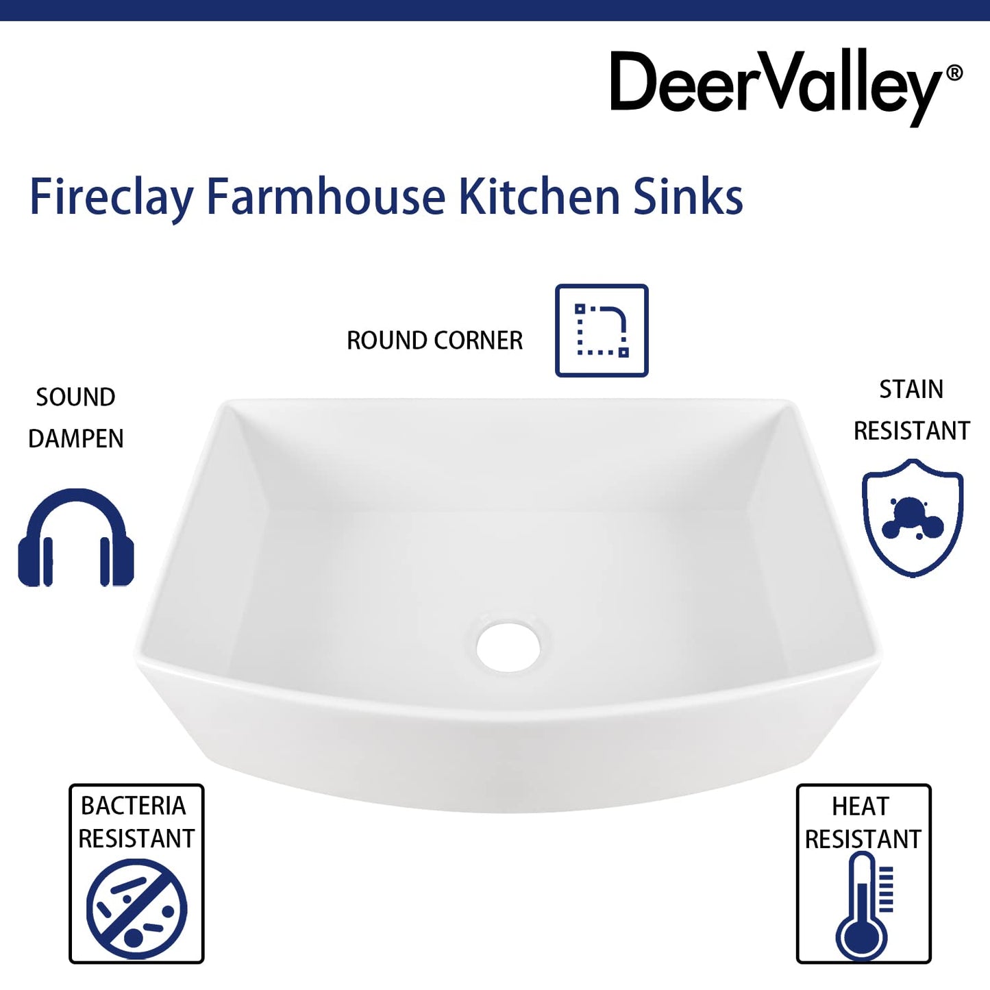 DeerValley Farmhouse Kitchen Sink 33 inch, White Fireclay Apron Front Farm Sinks, Single Bowl Deep Drop In Undermount Sink with Grid and Basket Strainer, Easy to Clean