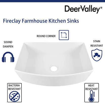 DeerValley Farmhouse Kitchen Sink 33 inch, White Fireclay Apron Front Farm Sinks, Single Bowl Deep Drop In Undermount Sink with Grid and Basket Strainer, Easy to Clean
