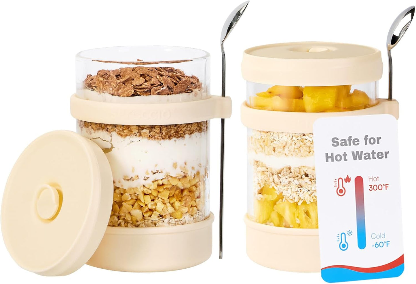 16 oz [2 Pack], Glass Overnight Oats Containers with Lids of Silicone and Spoon Airtight Overnight Oats Jars