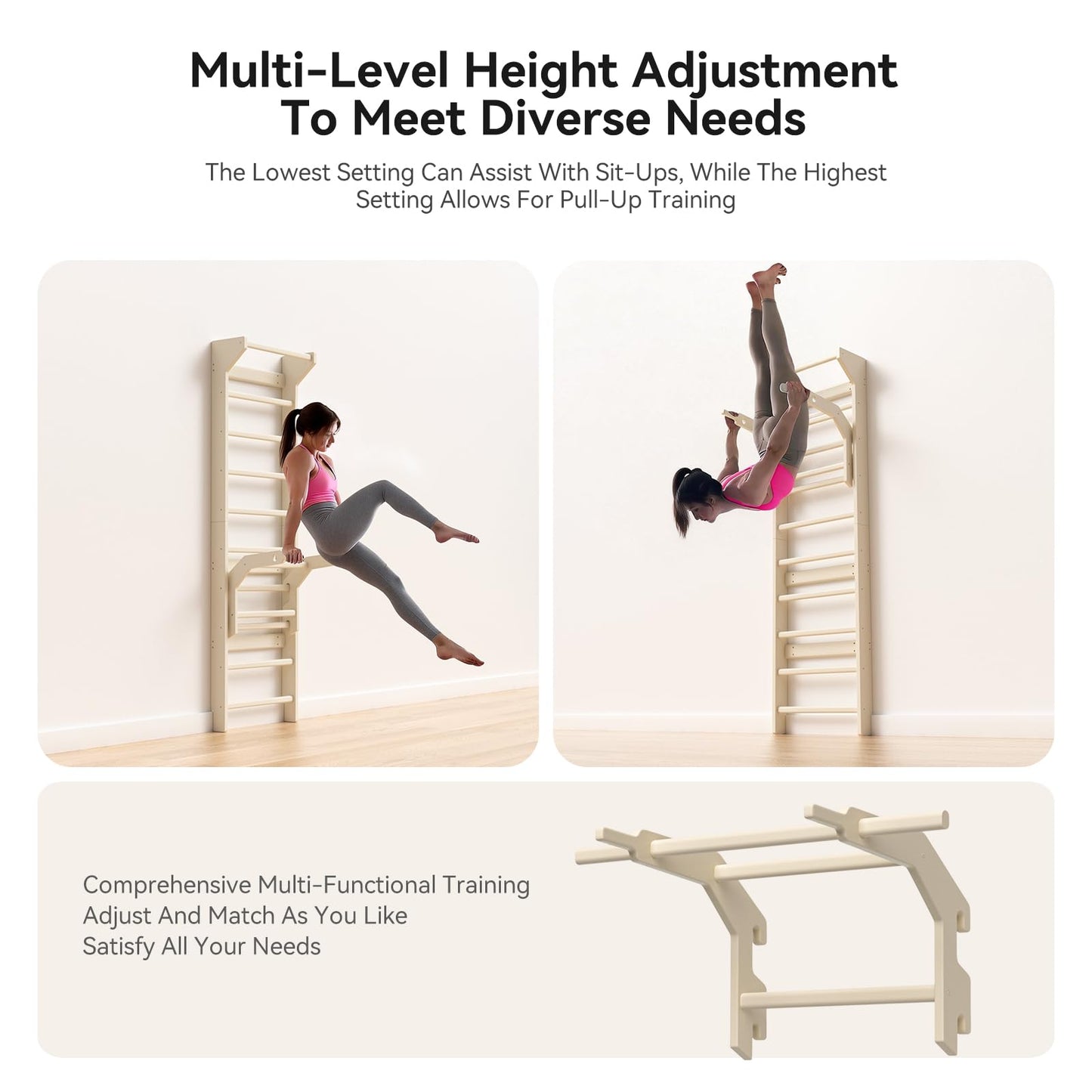 Swedish Ladder Wall Gym & Pull Up Bar Gymnastics Bar – Ultimate Wall Bars for Exercise with Adjustable Dip Bar Attachment, Wood Stall Bars for Home, Calisthenics, Physical Therapy and Kids Training (Burlywood)