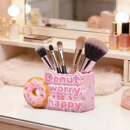 ZAWUU Donut Shaped Organizer - Cute Pink Resin Donut Worry, Be Happy Multi-Use Holder for Pens, Makeup Brushes, Utensils, and More – Perfect Desk or Kitchen Accessory Gift