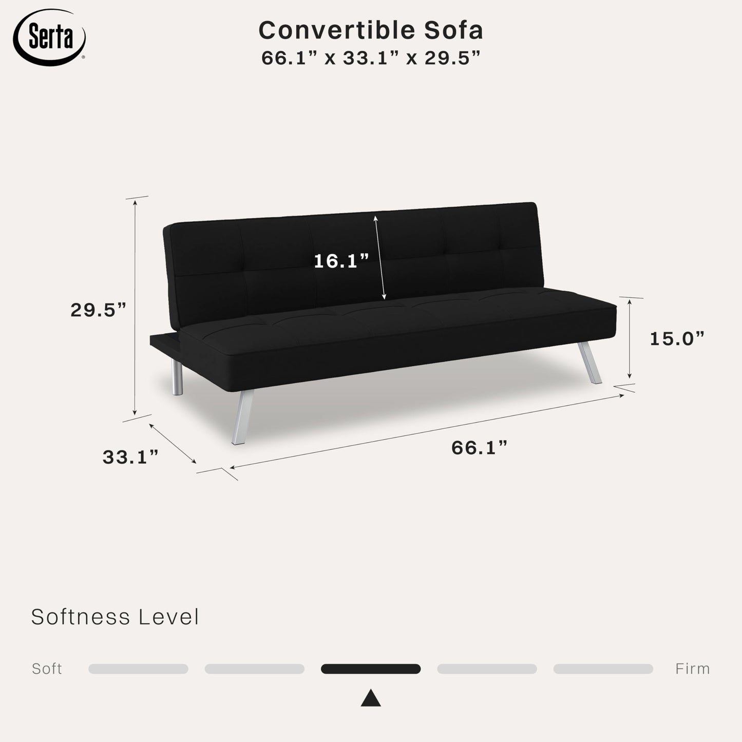 Serta® Rane Futon Sofa Bed 66.1", 3-in-1 Convertible Couch Sleeper for Small Spaces, Tufted Back, Twin Size Guest Bed, Black Woven Fabric