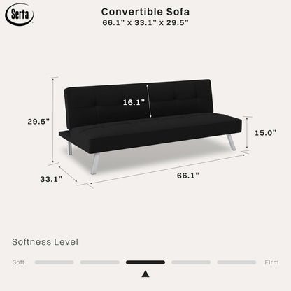 Serta® Rane Futon Sofa Bed 66.1", 3-in-1 Convertible Couch Sleeper for Small Spaces, Tufted Back, Twin Size Guest Bed, Black Woven Fabric
