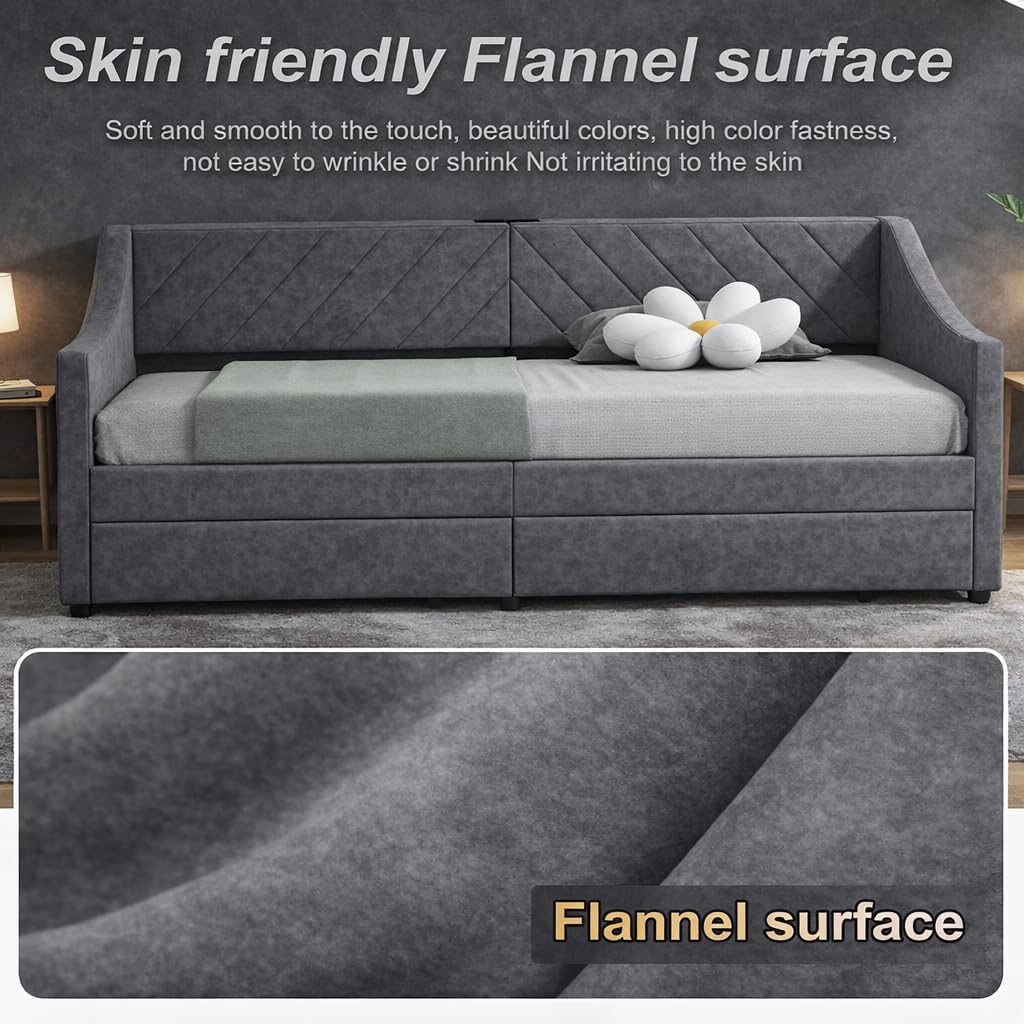Arhomefurni Upholstered Twin Size Daybed with Two Storage Drawers, Twin Leatherair Sofa Bed Daybed with Wood Slat Support,No Box Spring Needed (Dark Grey)