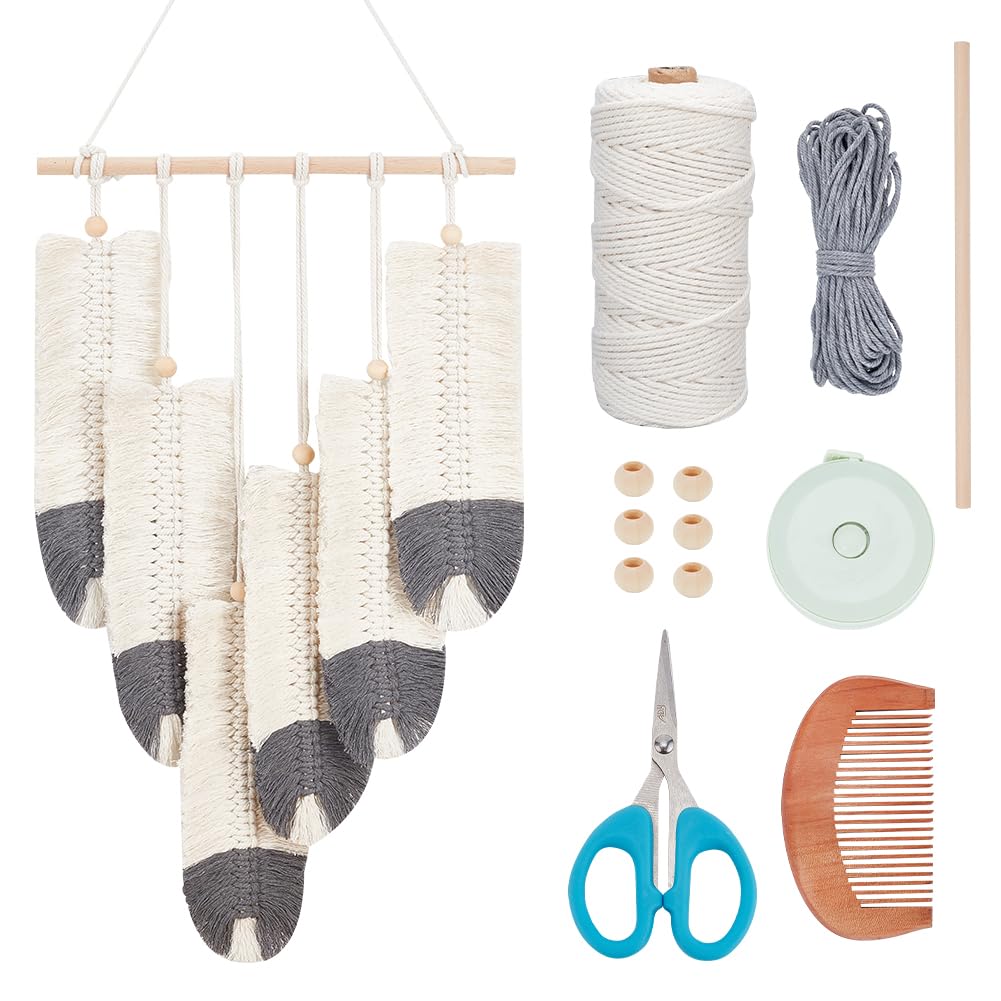 ORIGACH DIY Macrame Feather Wall Hanging Kit Boho White and Dark Gray Feather Tapestry Macrame Kit for Adults Beginner Handmade Rustic Macrame Feathers Leaf Wall Hanger Decor for Living Room Bedroom