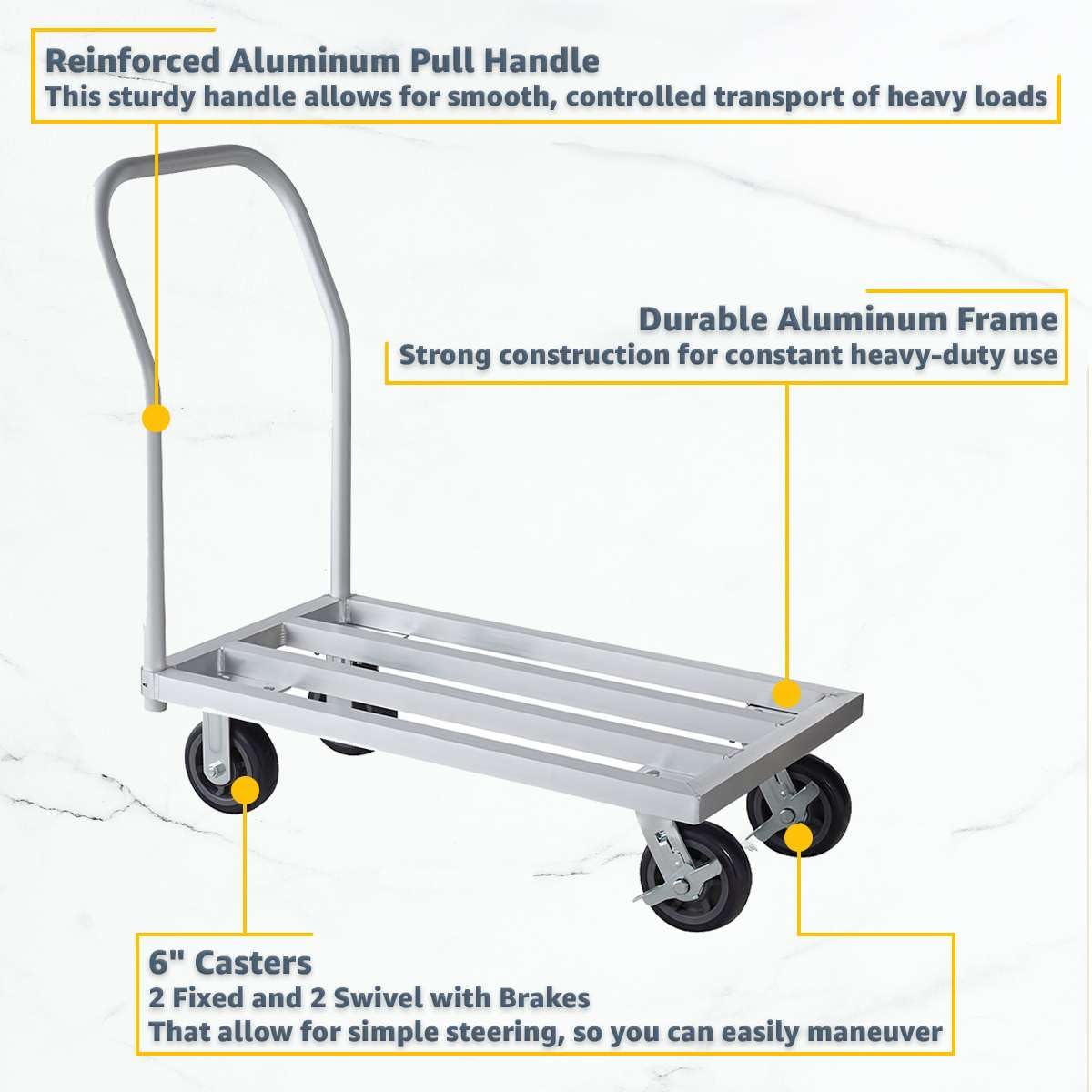 20" x 36" Mobile Aluminum NSF Dunnage Rack - 1600 lb. Capacity with Handle, Heavy-Duty Storage Cart with 6" Casters, Food-Grade Platform Truck for Restaurants, Kitchens, Warehouses