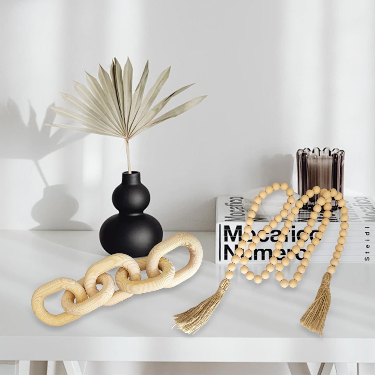 EMINGSKY 2 Pieces Decorative 5 Link Wooden Chain Decor and Bead Boho Farmhouse Rustic Home Table Decor Coffee Table Shelf Aesthetic Modern Bookshelf Table Wooden Decortion (Natural)