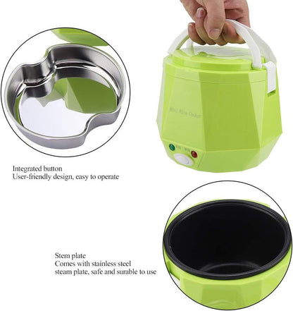 Electric Rice Cooker, Portable Food Steamer, Mini Travel Rice Cooker, 12V 100W, 1.3 L, Green
