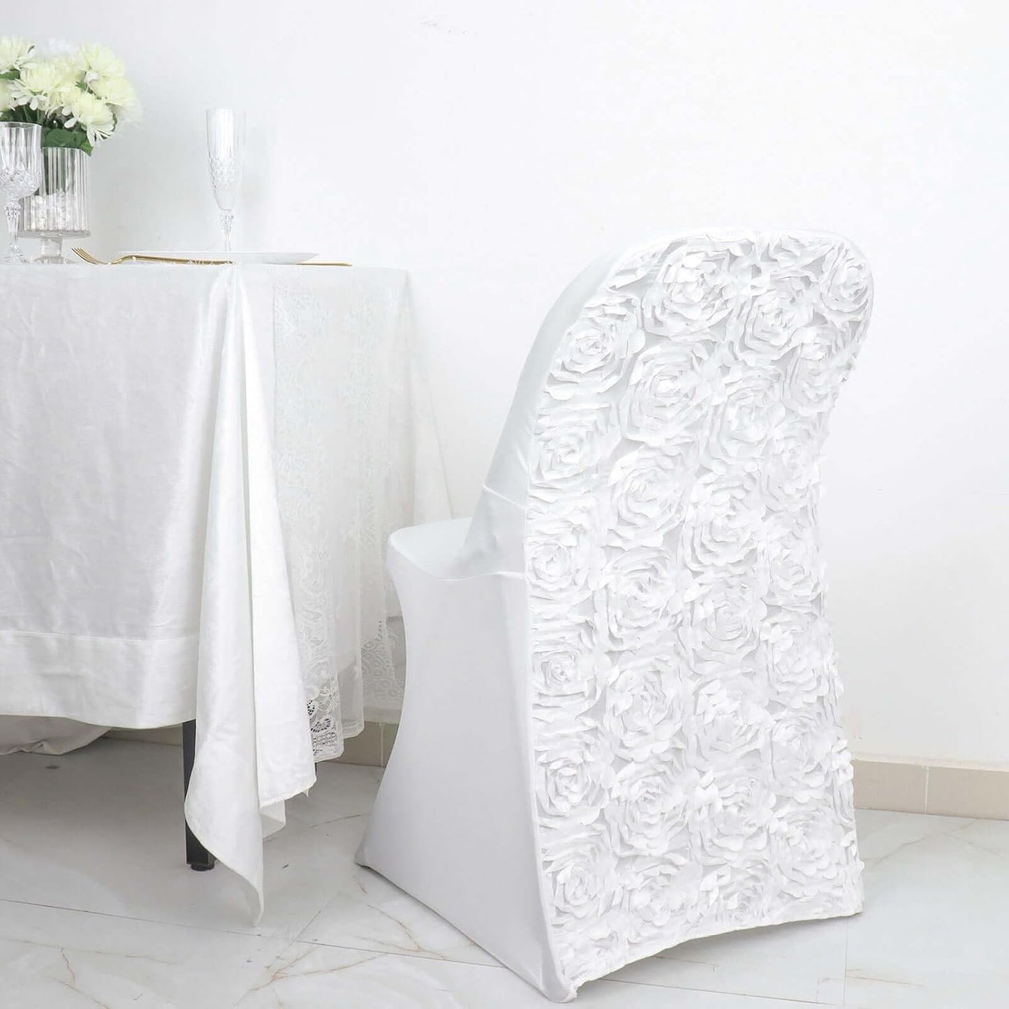 1 Set Rosette Efavormart White Satin Spandex Stretch Folding Chair Cover for Party Dining Chairs Wedding W/Foot Pockets