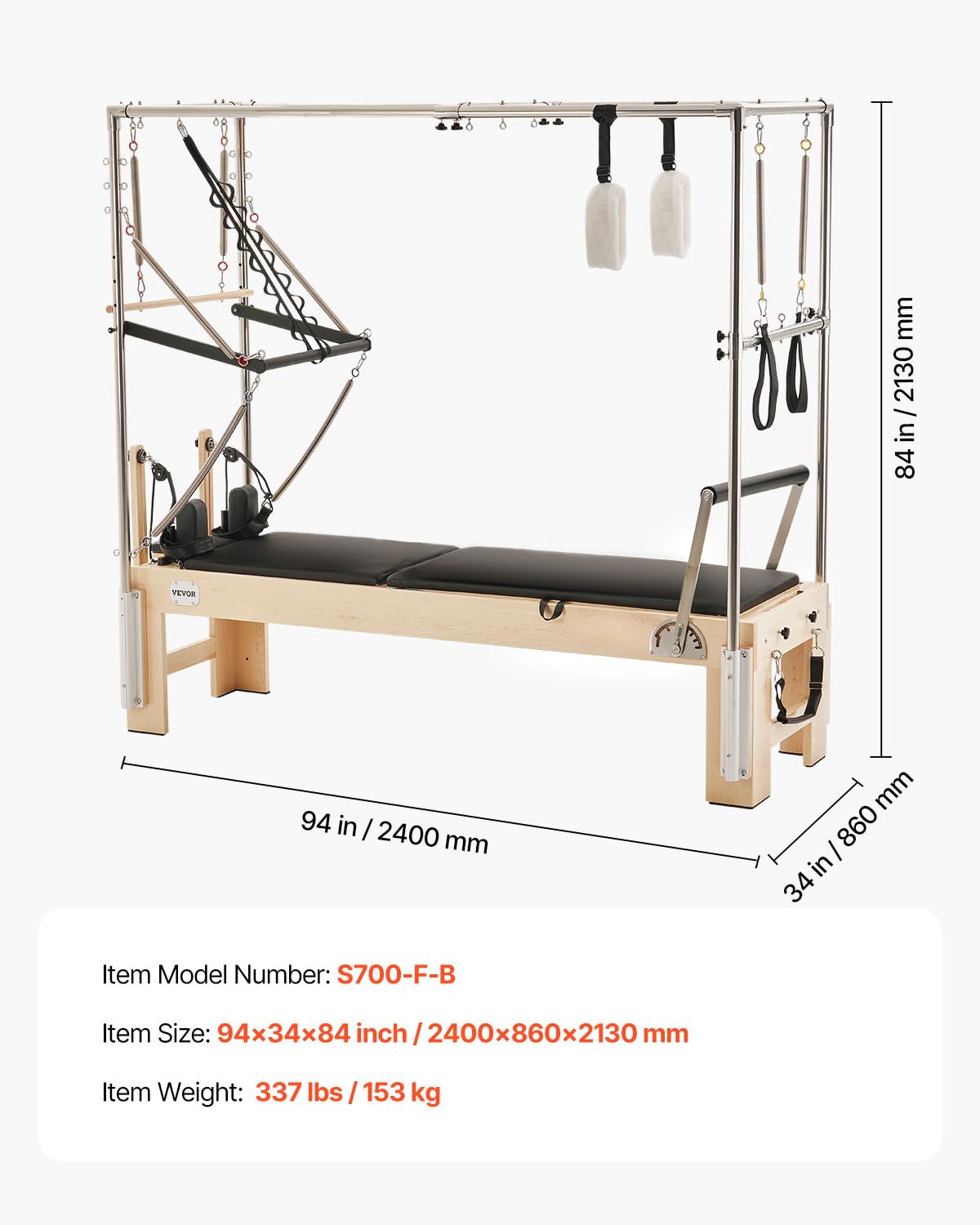 VEVOR Pilates Reformer, Wooden Pilates Machine for Home Gym Studio, Strength Training Workout Equipment with Dual Resistance, Reformer Box, Jump Board, for Advanced Users and Beginners, Up to 400 LBS